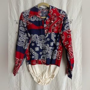 VINTAGE/ 70s red and blue bandana bodysuit, long sleeve collared